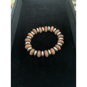 Bohemian Chic Natural‎ Wooden And Silver Tone Metal Beaded Disc Stretch Bracelet